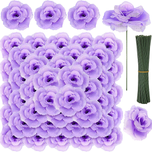 108pcs Roses Head Flowers with Stem, Lavender Artificial Flowers Rose Bulk