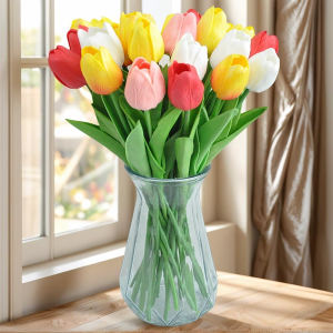 20pcs Artificial Tulips PU Touch Single Stem Fake Flower Bouquet