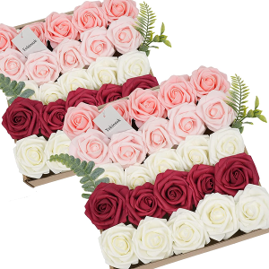 50Pcs Artificial Flowers Foam Roses Real Looking Shades of Red Combo