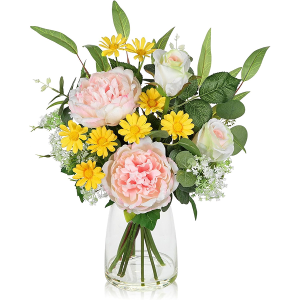 Arborus Artificial Flowers in Vase, Mixed White Rose Pink Peony Yellow Daisy and Greenery Leaf Floral Arrangements