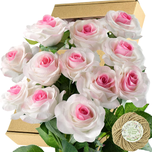 FiveSeasonStuff Fake Roses Wedding Flowers Real Touch Silk White & Pink Artificial Flowers 12 Stems