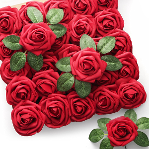 Mocoosy 50Pcs Red Roses Artificial Flowers Bulk, Dark Red Roses for Decorations