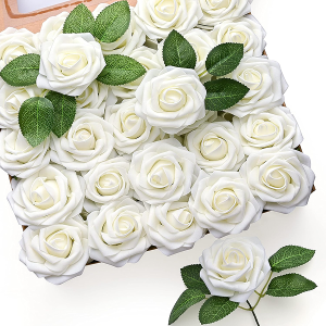 Mocoosy 50Pcs White Rose Artificial Flowers, Ivory Roses for Decorations