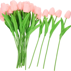 Zerodeko 24pcs Artificial Pink Tulips Bouquet Realistic Touch Faux Flowers with Fade Resistant Color Romantic